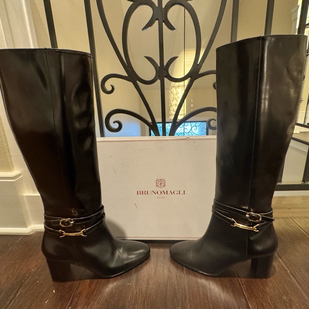 New Bruno Magli Black Adriana Knee High Block Heel Leather Boot - Picture 10 of 13